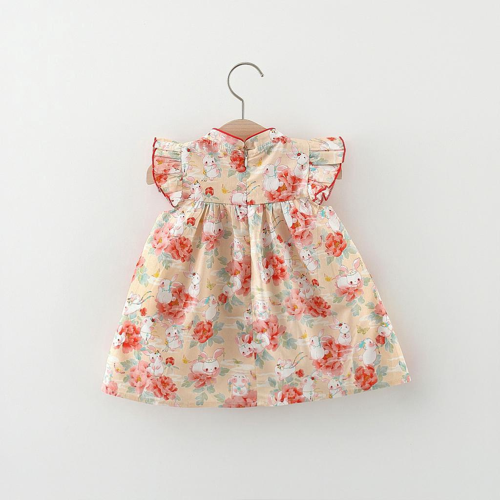 Đầm Không Tay Phối Bèo Nhún In Họa Tiết Hoa Đỏ Phong Cách Mới Cho Bé Gái 0-3 Tuổi