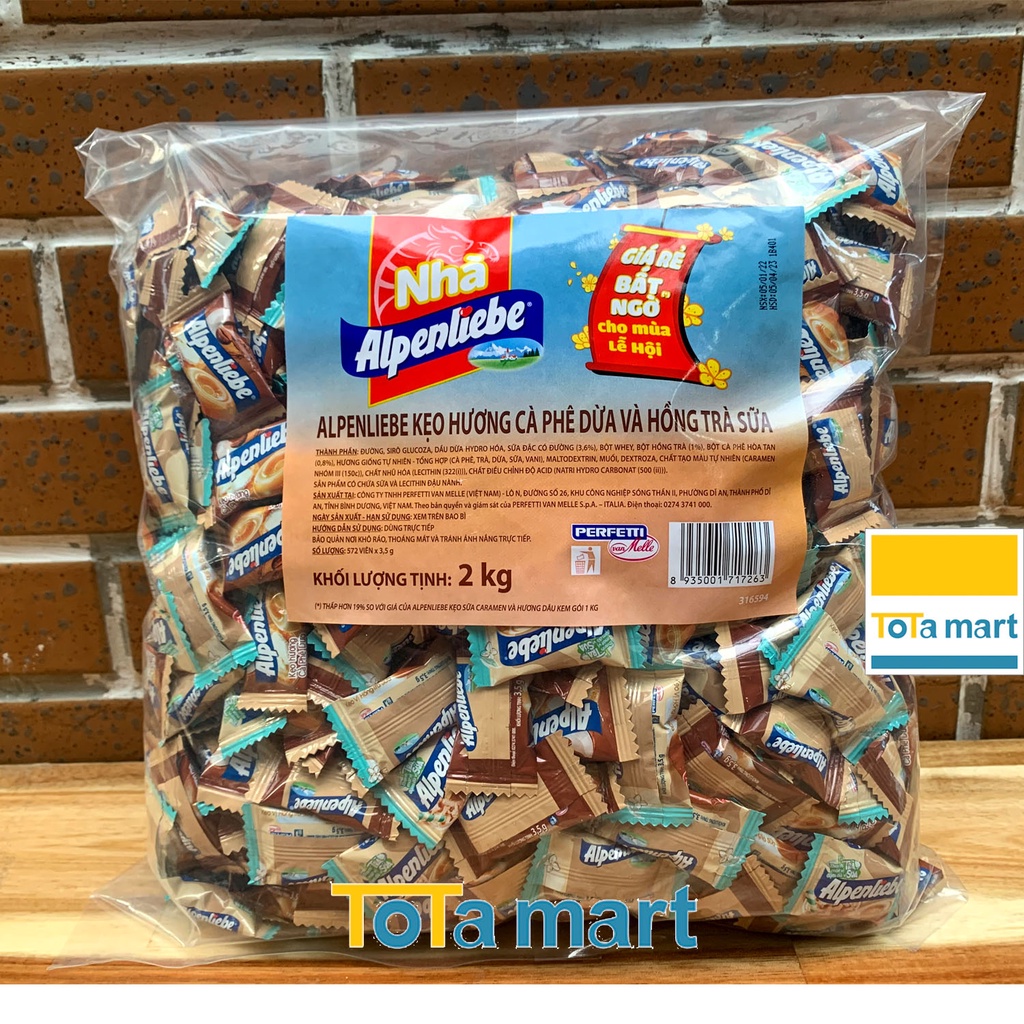 Mới về! Kẹo Alpenliebe gói lớn 2kg mentos trái cây, Caramen dâu kem, trà đào kem quả mọng.
