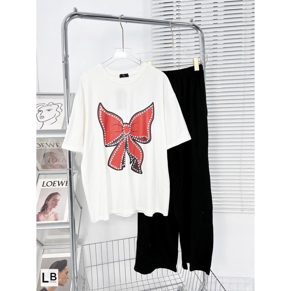 BỘ COTTON TRẮNG HÌNH NƠ QUẦN SUÔNG CHO NỮ