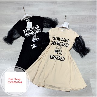 Váy dáng suông ❤️ [Mã HELLOZIZI giảm 10%] ❤️ Váy suông chữ phối tay voan xịn xò 2 màu kem đen [FREESHIP+ẢNH, VIDEO THẬT]