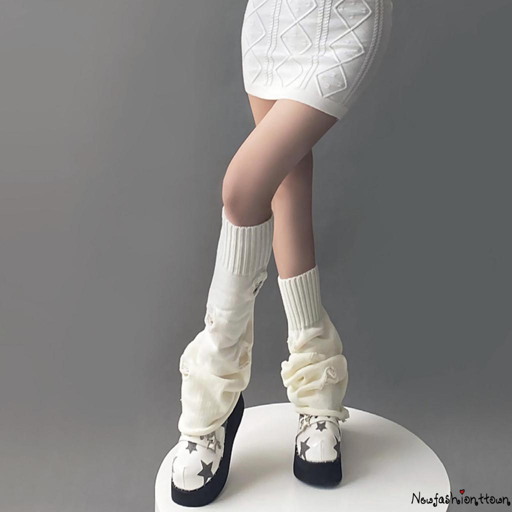 Nfashion Vớ Dệt Kim Ống Rộng Màu Trơn Xẻ Gân Rách Giữ Ấm Chân Phong Cách Nhật Bản Cho Nữ