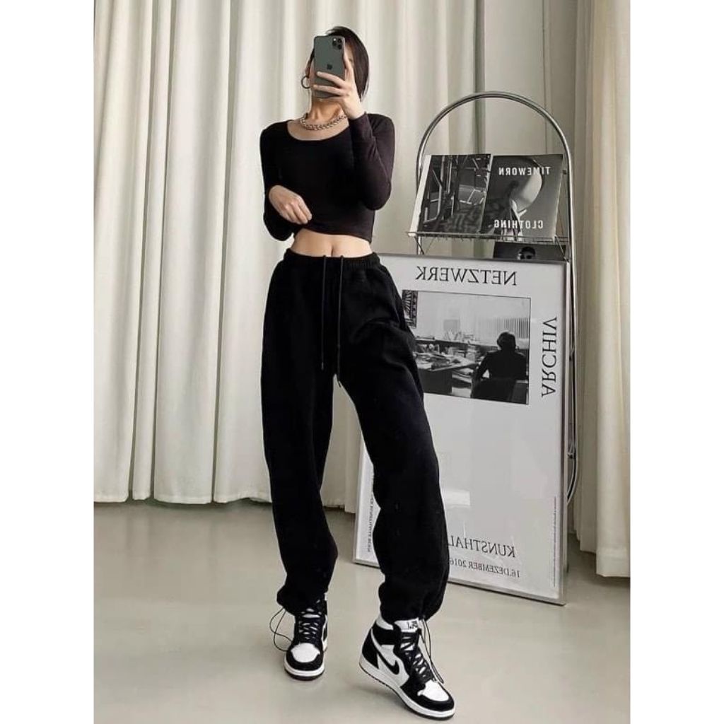 Quần nỉ dáng boom jogger unisex dáng trơn cạp chun chất da cá mềm mịn