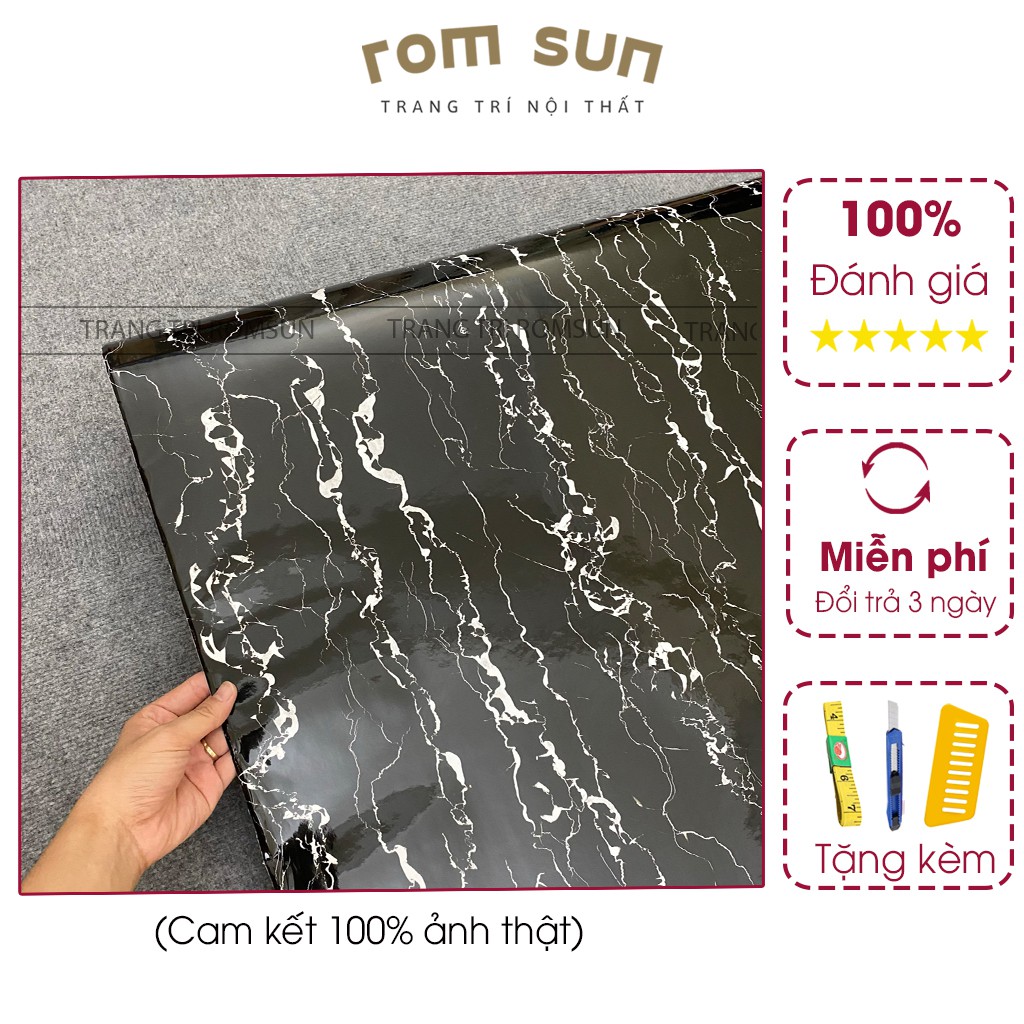 Decal dán tường bếp giả vân đá 3d đen chịu nhiệt cao, chống dầu mỡ trang trí bàn tủ bếp