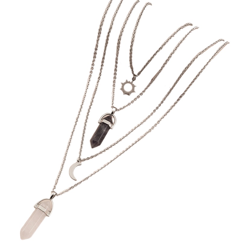 Vòng Cổ Choker Nhiều Lớp Bằng Bạc Đính Đá Pha Lê Chakra Hình Lục Giác / Mặt Trời / Mặt Trăng / Cột Lục Giác