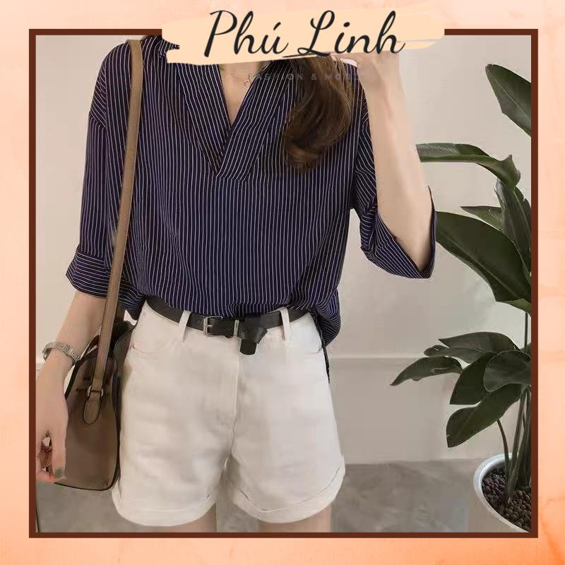 MS269 Áo sơ mi nữ kẻ sọc cổ tim tay lỡ xẻ đuôi tôm