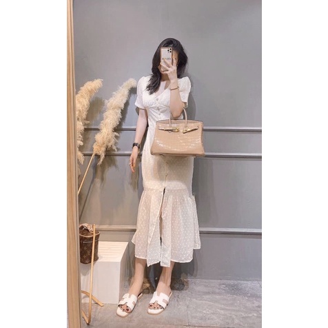 VÁY VOAN TƠ HẠT CỔ V CÚC BỌC ĐUÔI CÁ SIÊU XINH