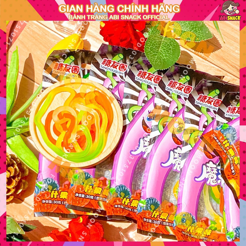 Kẹo dẻo vị trái cây hình sợi mì dây thun siêu ngộ nghĩnh gói 30g Moon Snack Food