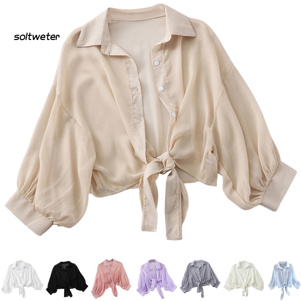 Áo Sơ Mi Mùa Hè Thắt Nút Màu Sắc Trơn Thoáng Khí Cho Nữ