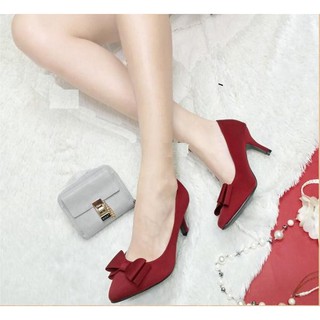 Giày búp bê nhung nơ 2 tầng cao gót nhọn 7p
