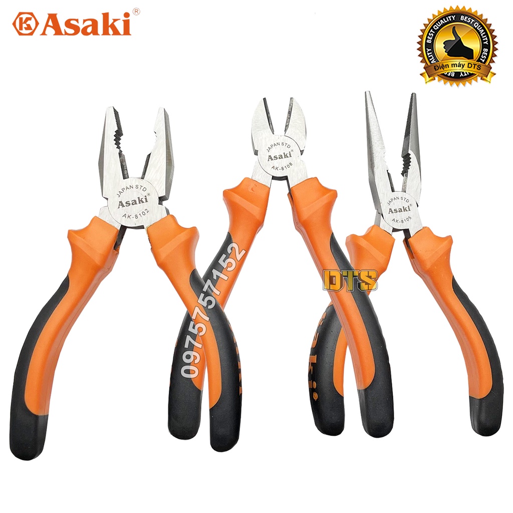 Kìm đa năng 6 inch kiểu Đức Asaki Kìm điện Kềm cắt kềm răng kềm mũi nhọn A+cut Tech thép CR-V siêu cứng bền cắt kẹp tuốt