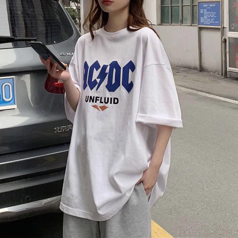 Áo Thun Tay Lỡ Unisex, , Áo Thun Form Rộng Nam Nữ, Áo Thun Chữ ACDC (Kèm Ảnh Thật)