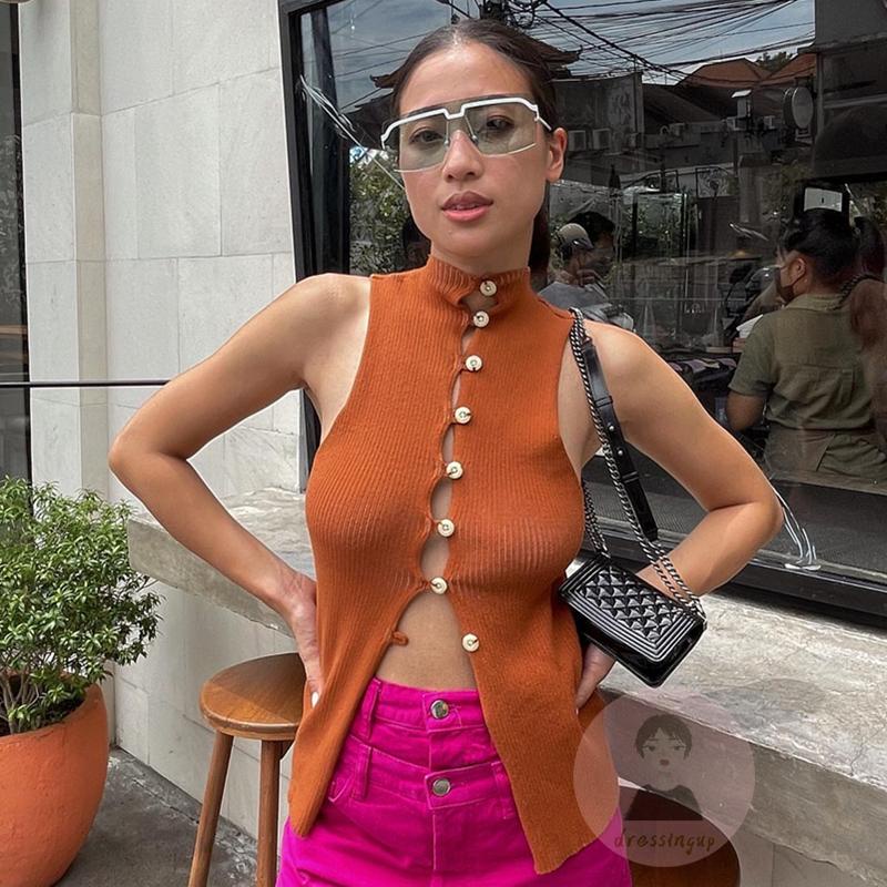 Dre-áo Dệt Kim Cổ Cao Khoét Lỗ Màu Trơn/Xanh Dương/Nâu Cho Nữ