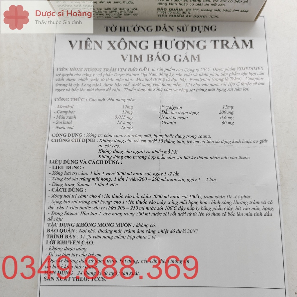 Viên Xông Hương Tràm Vim Báo Gấm - Hộp 40 viên