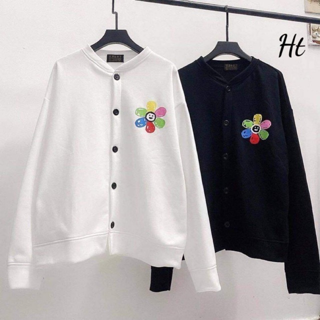 Áo khoác bomber nỉ bông logo hoa mặt cười dáng cadigan