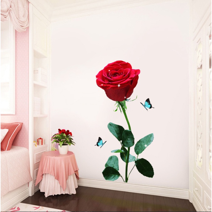 Decal giấy dán tường - mẫu Hoa Hông gai sắc đỏ rực rỡ