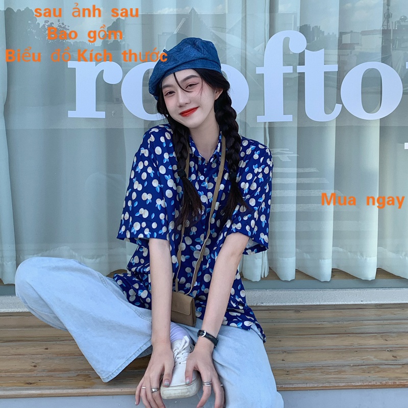 Áo Sơ Mi Tay Lửng Dáng Rộng Cổ Bẻ In Họa Tiết Màu Xanh Dương Phong Cách Hàn Quốc Thời Trang Mùa Hè Dành Cho Nữ