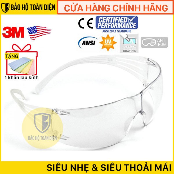 (CHÍNH HÃNG) Kính bảo hộ 3M SecureFit SF201AF chống tia UV 99.9%, chống bụi, chống va đập, siêu nhẹ {TẶNG KHĂN LAU}