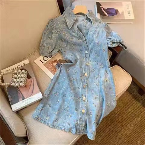 Đầm denim Tay Phồng Cổ Bẻ Họa Tiết Hoa Thời Trang Hàn Quốc Cho Nữ