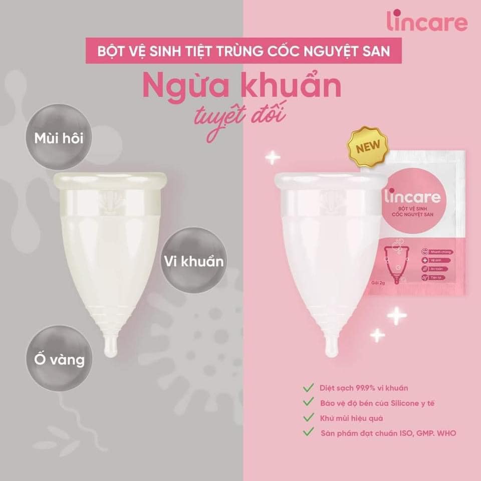 Bột vệ sinh Lincare tiệt trùng Cốc nguyệt san Hộp 12 gói tiện lợi, an toàn, nhanh chóng, gọn nhẹ