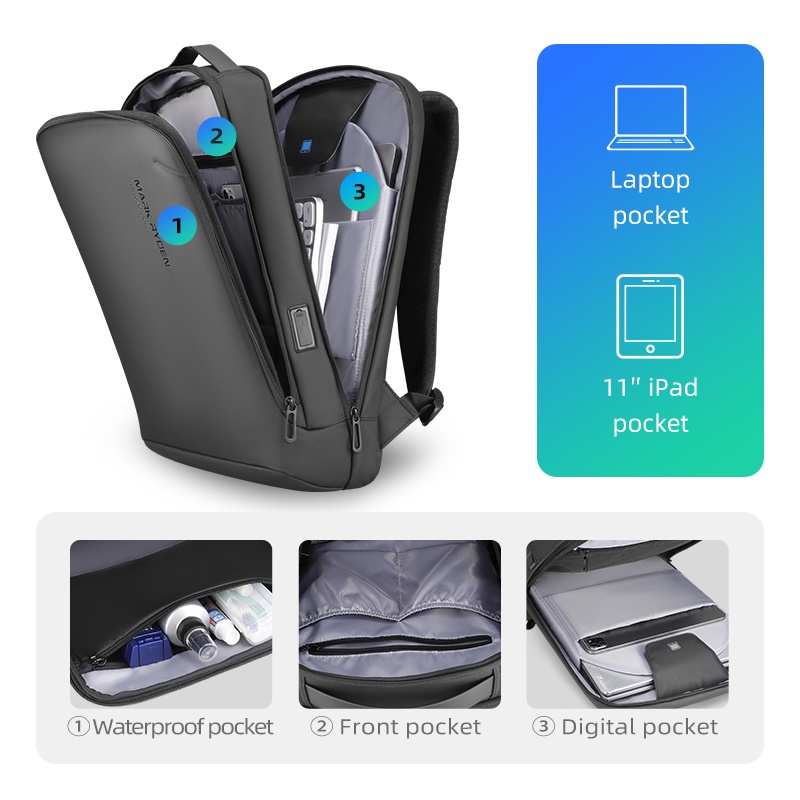 Ba Lô Công Sở MARK RYDEN Làm Từ Nylon YKK Có Khóa Kéo Dùng Đựng Laptop Tiện Lợi