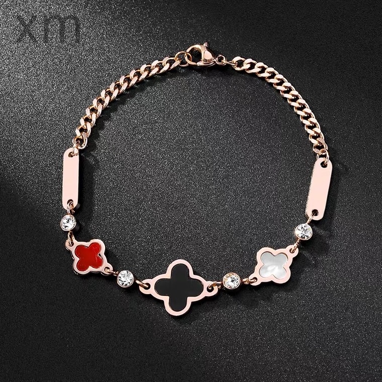 Vòng Tay Cỏ Bốn Lá Bằng Thép Titan Mạ Vàng Hồng 18k Màu Trắng Đen