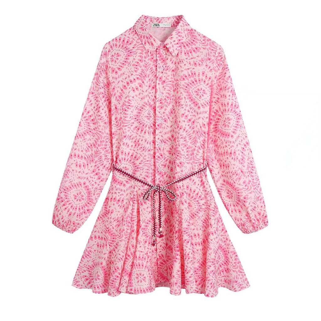 Zara Morocco full tag - Đầm Zara họa tiết hồng stamps DS09DXG50N9