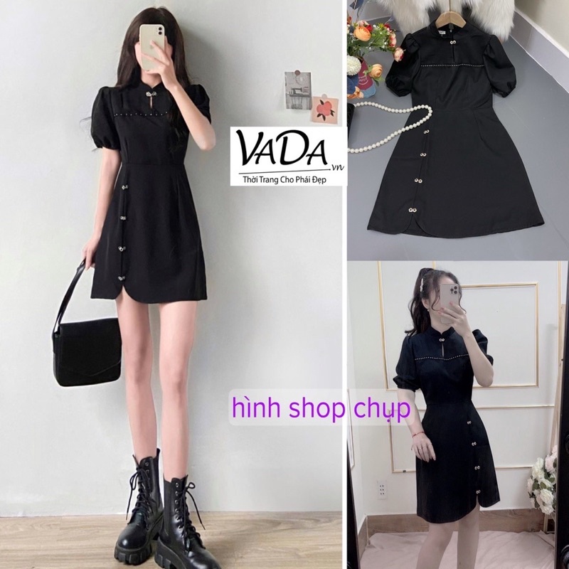 Đầm dự tiệc Fom A cổ khoét đính nút hoa phong cách cổ điển - Thời Trang VADA (Đ731)