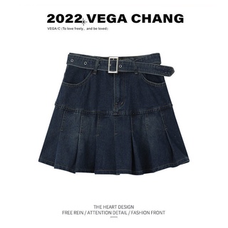2022 denim skirt female summer hot girl fashion design retro high waist slim A- word pleated skirt tide