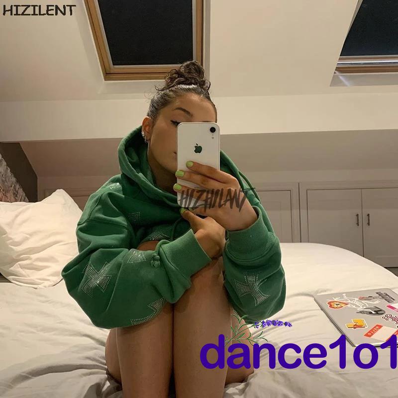 Áo hoodie tay dài in họa tiết đan chéo đính đá thời trang cho nữ