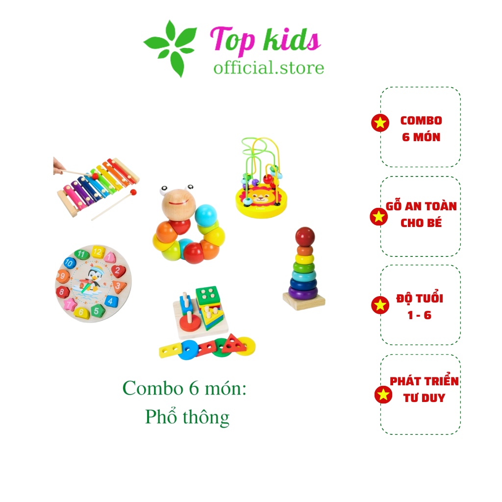 Đồ chơi giáo dục cho bé montessori combo 6 món đồ chơi gỗ thông minh cho trẻ phát triển trí tuệ TOPKIDS