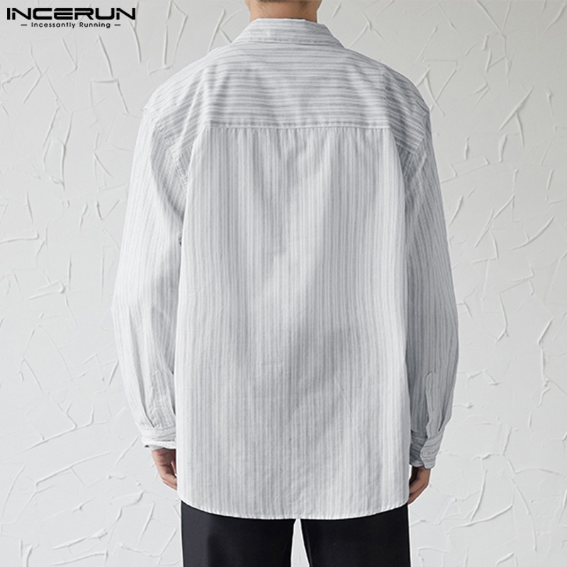 INCERUN Áo Sơ Mi Nam Baggy Tay Dài Họa Tiết Sọc Dọc Thời Trang