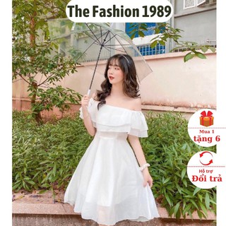Đầm - váy trễ vai voan tơ 2 màu trắng be,váy ulzzang- Váy trễ vai siêu xinh