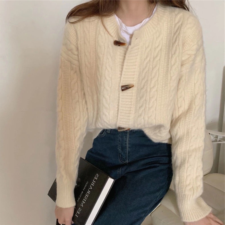 Áo khoác cardigan dệt kim dày dáng rộng phối nút xoắn thời trang đơn giản trẻ trung cho nữ