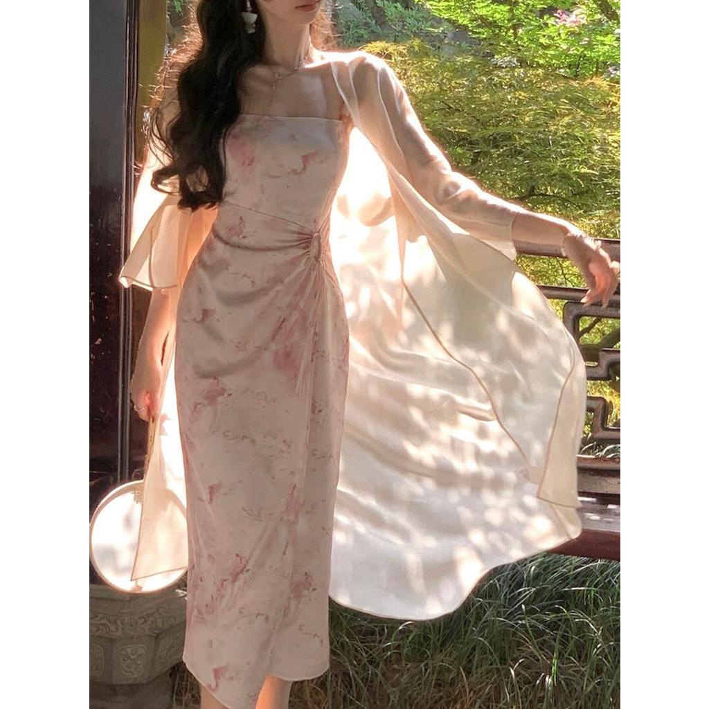 BST Khóa Thanh Thu Trung Hoa Mới Hai Màu vải Satin Váy y+Cardigan cho nữ