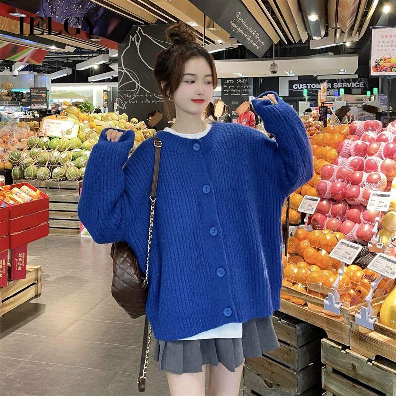 Áo khoác cardigan IELGY dệt kim màu xanh lam sang trọng dành cho nữ
