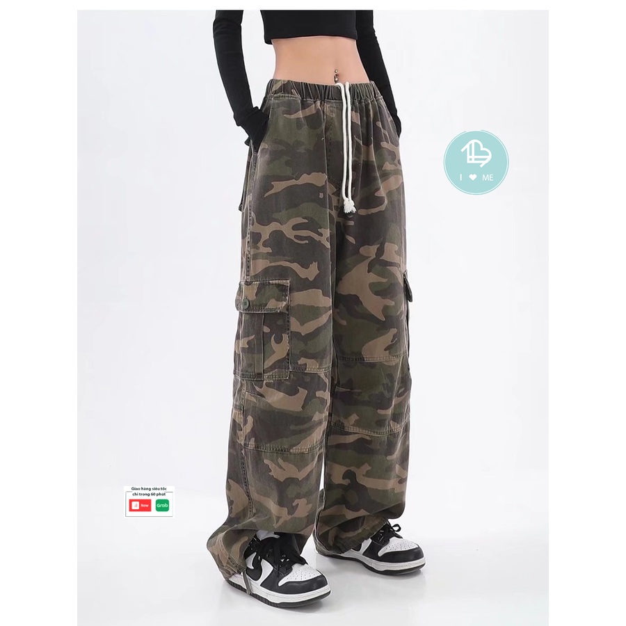 Quần jogger camo rằn ri nam nữ ống rút box pant túi hộp dây rút unisex street style, Quần dài ống rộng hip hop đường phố