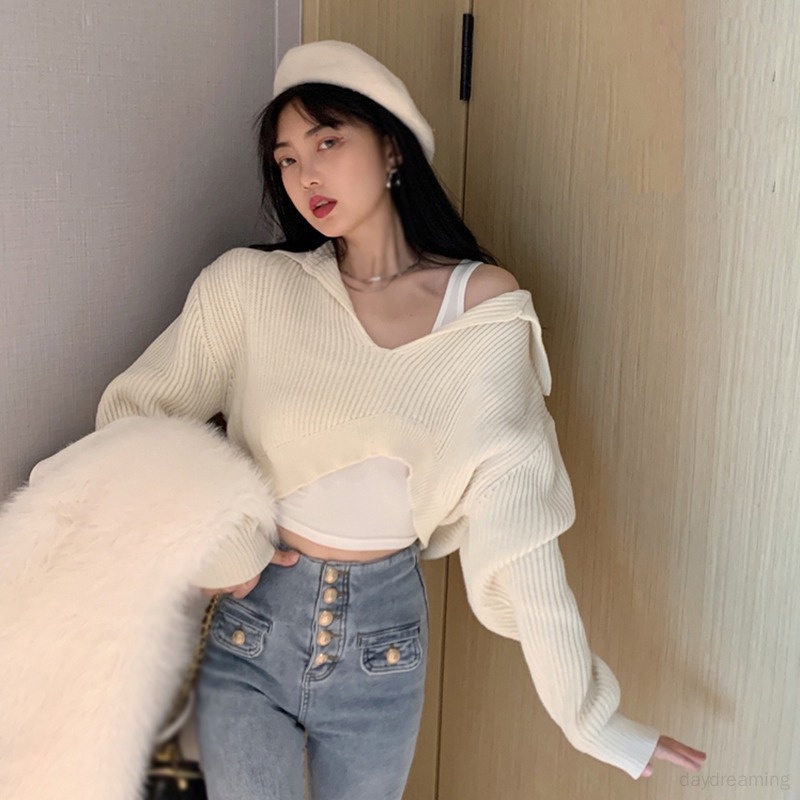 Áo Croptop Dệt Kim Tay Dài Phong Cách Hàn Quốc