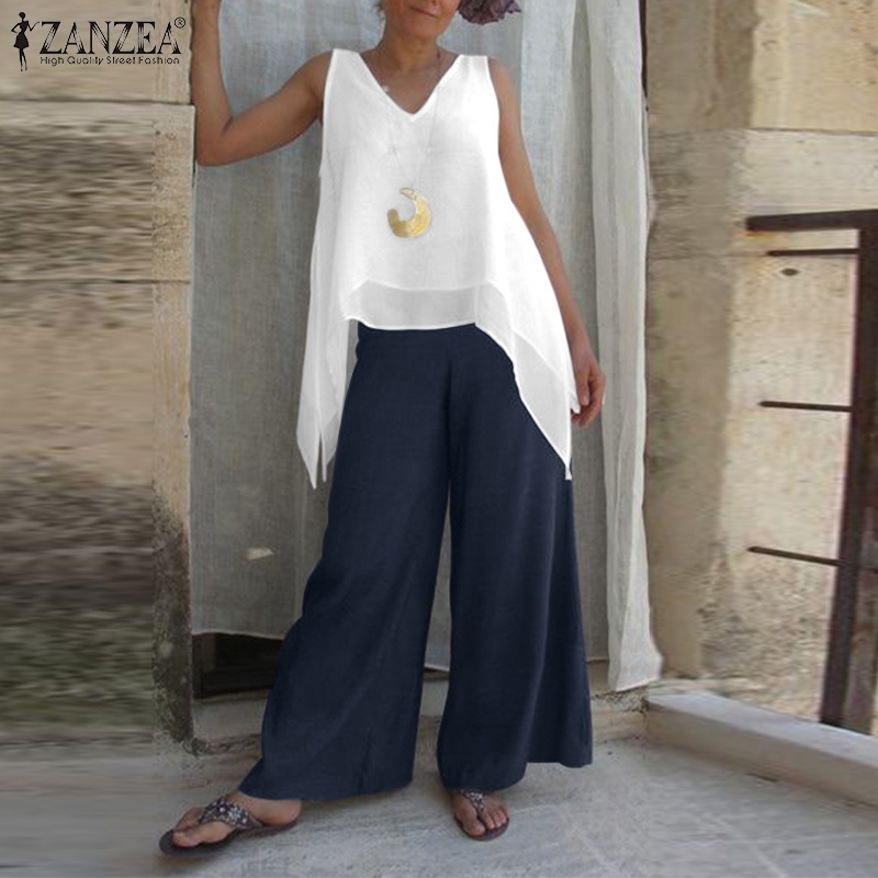 Set áo thun sát nách phối quần ống rộng ZANZEA thời trang cho nữ