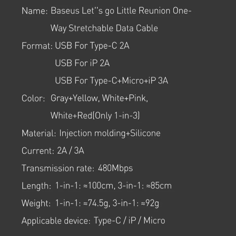 Cáp sạc dây rút 3 đầu Baseus Let's Go Little Reunion One-Way Stretchable 3in1 (3A/0.8m, Lightning/Type C/MicroUSB) LV801