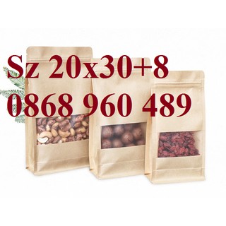[20x30+8] Túi zipper Kraft 8 cạnh - 50 túi, đáy đứng, cửa sổ, phủ bóng, chống nước, khoảng 195k/kg