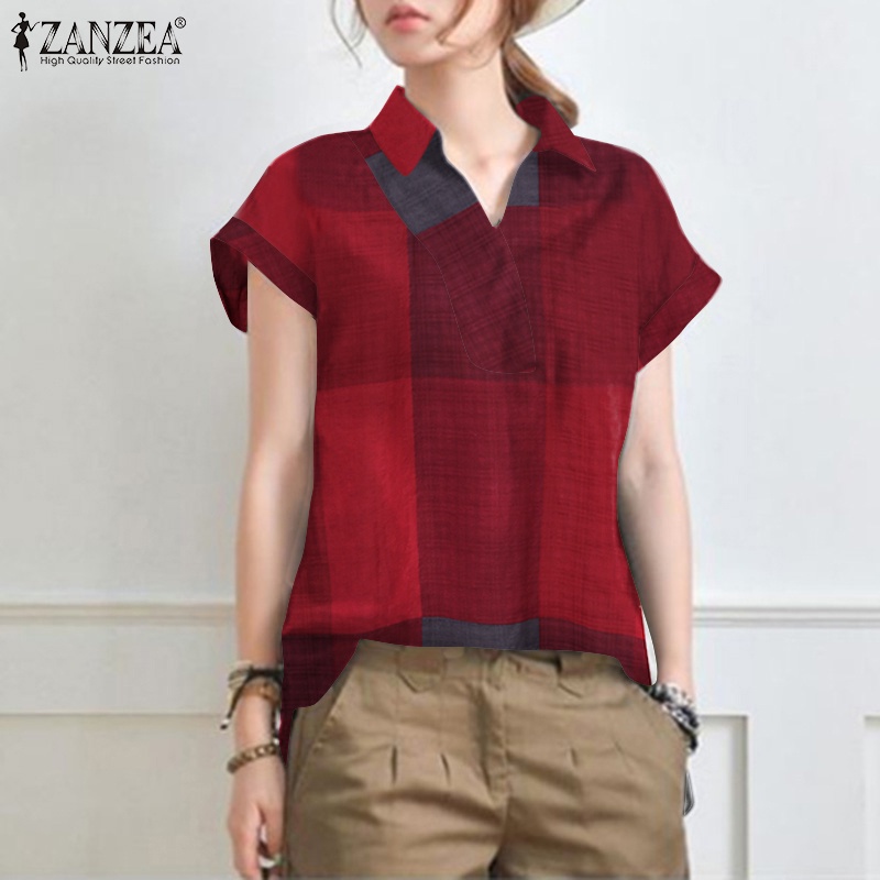 Áo sơ mi ZANZEA tay ngắn họa tiết ca rô thời trang cho nữ