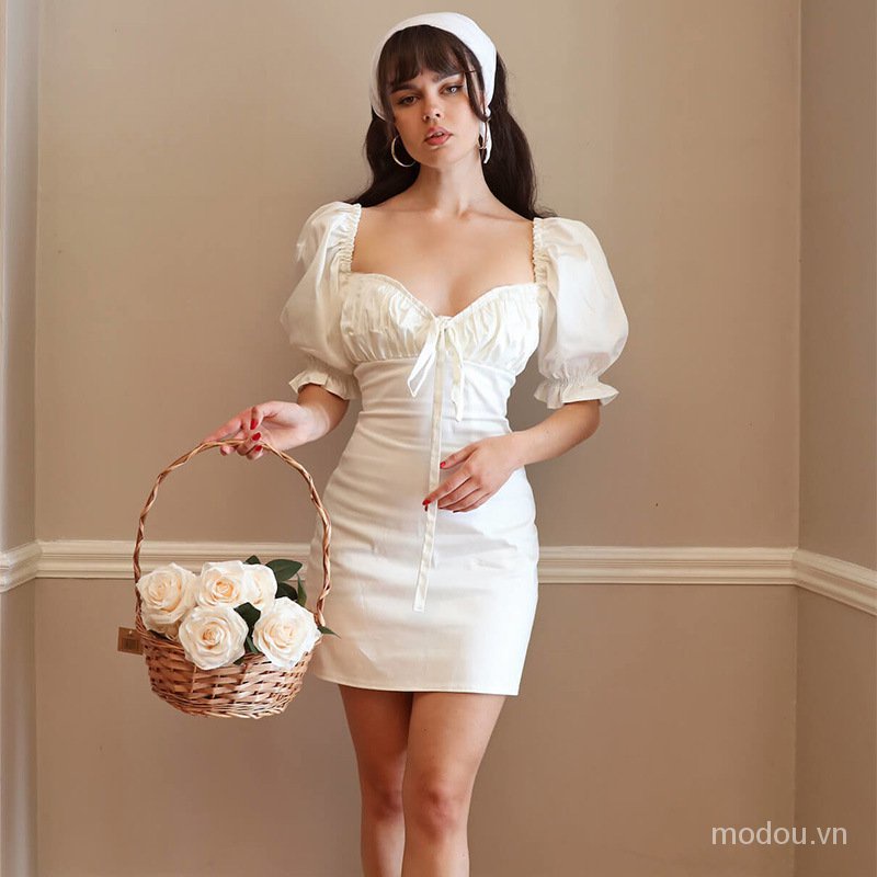 Đầm ôm tay ngắn cổ chữ V màu trơn thời trang quyến rũ cho nữ