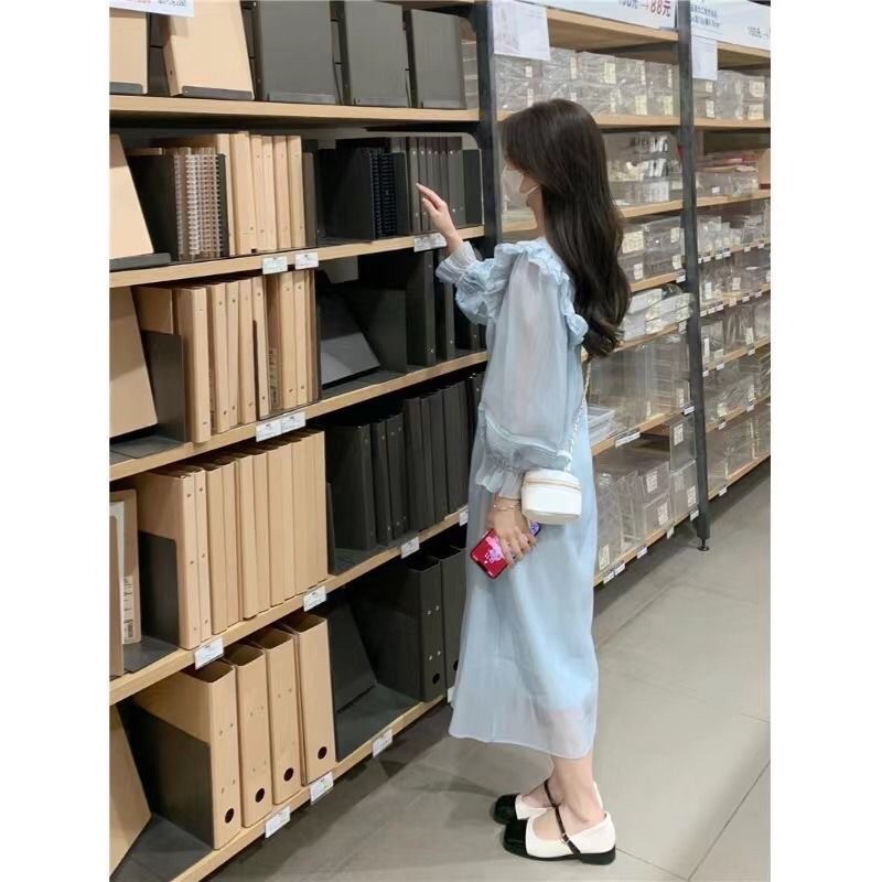 Váy babydoll xanh dương Nữ dáng dài xuông nhẹ nhàng nữ tính đi biển đi chơi