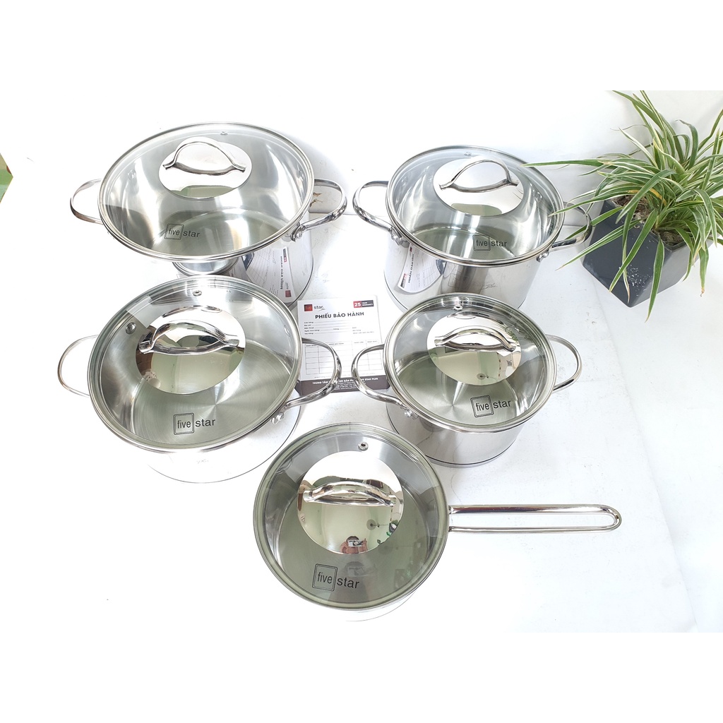 Combo bộ nồi inox 304 và xửng chảo chống dính 3 đáy cao cấp FIVESTAR 7 món nắp kính , tặng 1 vá canh inox