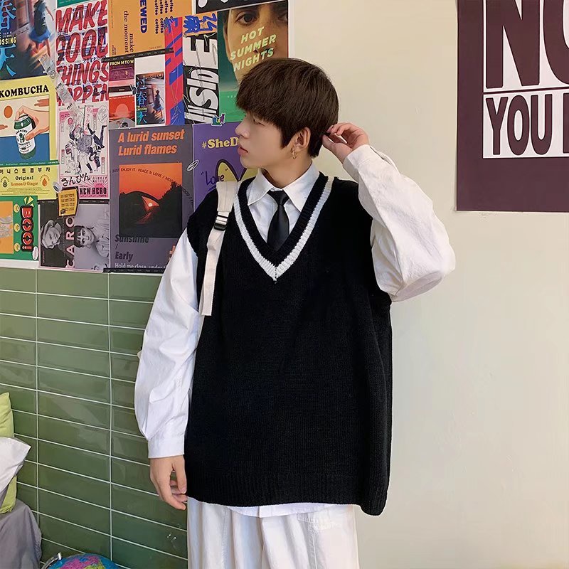 Áo sweater không tay cổ chữ V dáng rộng thời trang Hàn Quốc cho nam nữ