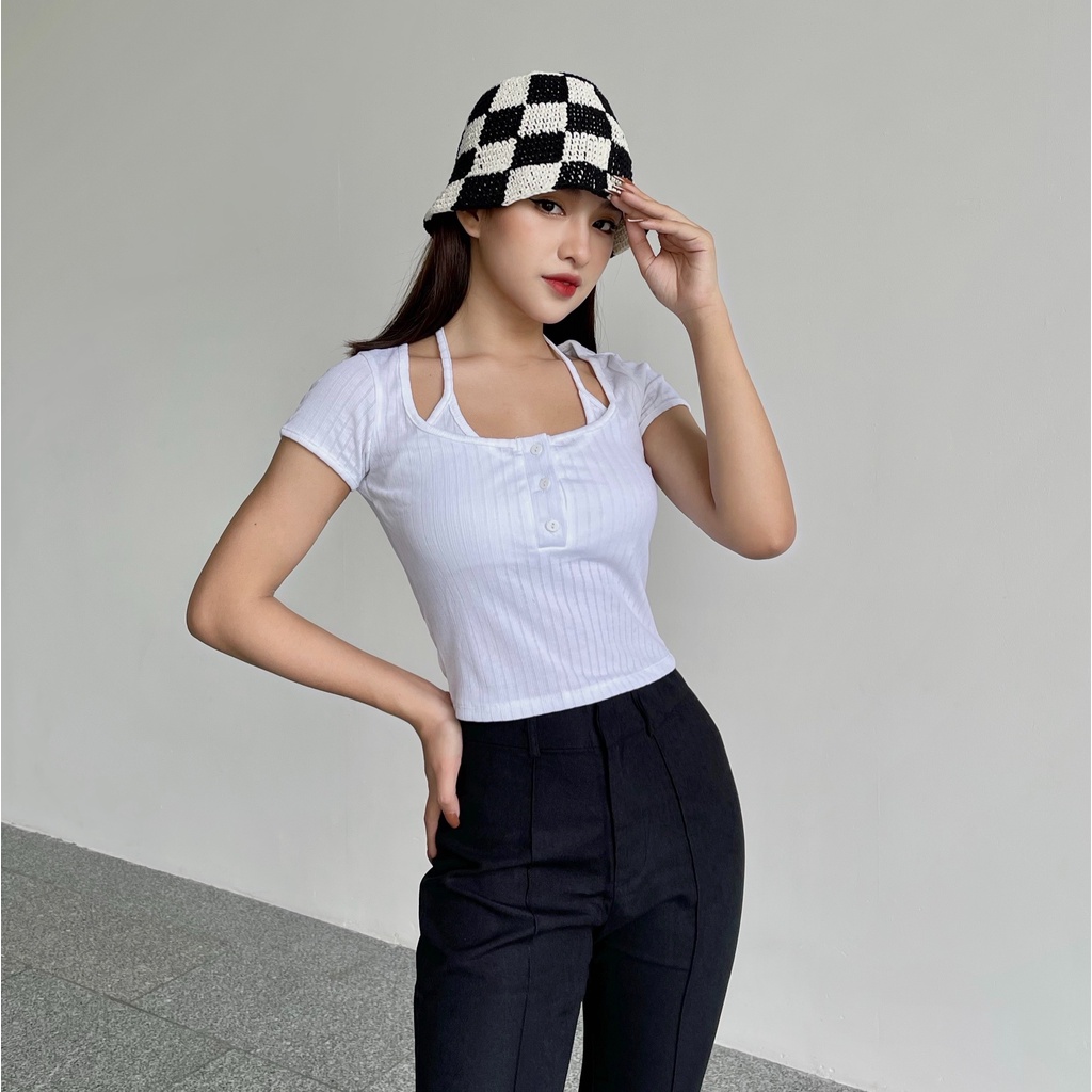 Áo croptop nữ body ngắn tay TOPTIFY yếm liền cổ trụ vải thun xô Hàn Quốc Call Me top AC209