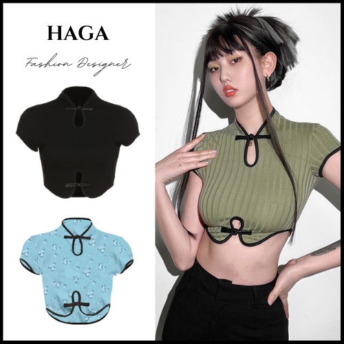 Áo croptop nữ tay ngắn HAGA áo cổ tàu nữ khoét ngực cộc tay ôm body tăm lạnh co giãn ACTHR43