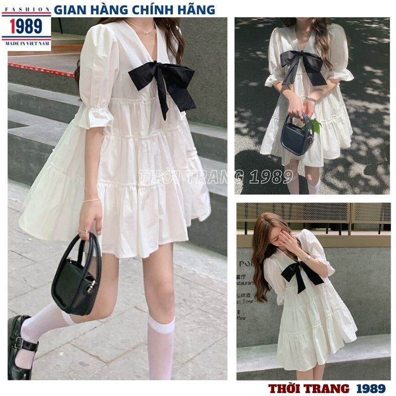 Váy babydoll nữ cổ v nơ kiểu dáng hàn quốc ,đầm dự tiệc tiểu thư bánh bèo dễ thương -PHƯƠNG 1989