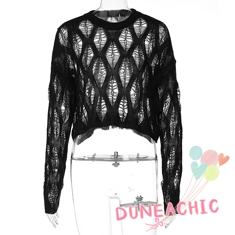 Áo Croptop Dệt Kim Tay Dài Thiết Kế Rách Cá Tính Hợp Thời Trang