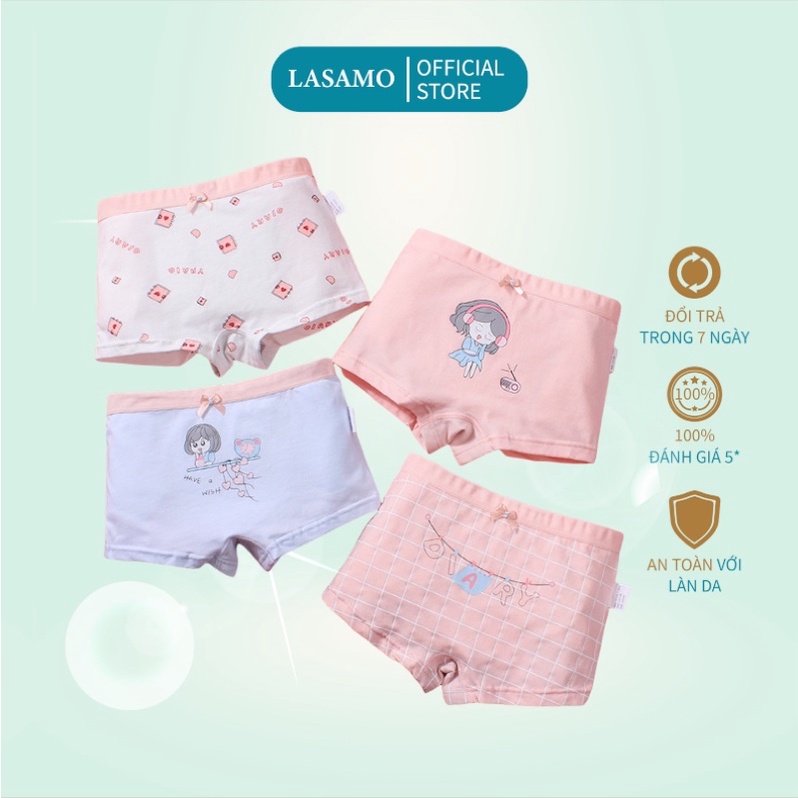 Set 4 chiếc quần chip bé gái, quần lót cho bé gái cotton cao cấp họa tiết Cô gái dễ thương hãng LASAMO mã QLB001